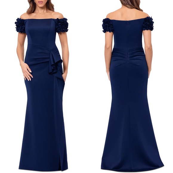 NEW XSCAPE Navy ROSETTE Floral SLEEVE Off The Shoulder RUCHED Scuba Crepe GOWN 6 - Picture 3 of 16